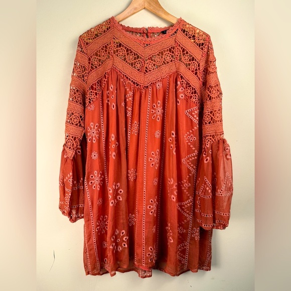 Strut & Bolt Lace Crochet Baby Doll Dress Terra Cotta Flare Sleeve LG Bohemian - Picture 1 of 13